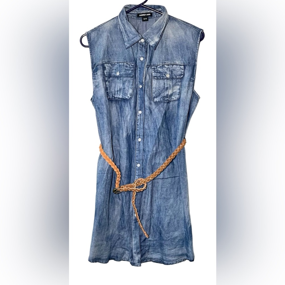 Audrey Ann Women’s 13/14 Sleeveless Blue Denim Dress with Tan Braided Belt